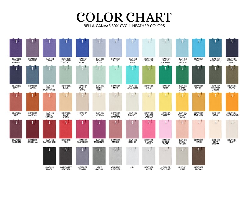 May include: Color chart of Bella Canvas 3001CVC Heather Colors. The chart displays a variety of t-shirt colors, including purple, blue, green, yellow, orange, red, and neutral tones. Each color is labeled with its name.