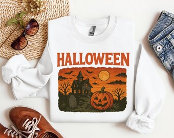 Halloween Sweatshirt | Spooky Season Haunted House Crewneck | Pastel Pink Halloween Shirt | Jack O Lantern Sweater | Cute Fall Spooky Gift
