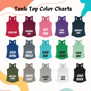 Puede incluir: Tabla de colores de camiseta sin mangas que muestra 15 colores diferentes, incluyendo rojo s&oacute;lido, rojo cardenal, rosa intenso, morado s&oacute;lido, azul marino, azul real s&oacute;lido, &iacute;ndigo s&oacute;lido, azul s&oacute;lido, verde s&oacute;lido, menta s&oacute;lido, verde militar, gris c&aacute;lido, gris jaspeado, blanco s&oacute;lido y negro s&oacute;lido.