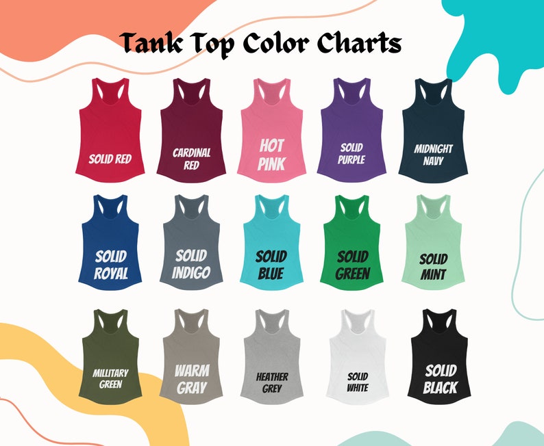 Puede incluir: Tabla de colores de camiseta sin mangas que muestra 15 colores diferentes, incluyendo rojo s&oacute;lido, rojo cardenal, rosa intenso, morado s&oacute;lido, azul marino, azul real s&oacute;lido, &iacute;ndigo s&oacute;lido, azul s&oacute;lido, verde s&oacute;lido, menta s&oacute;lido, verde militar, gris c&aacute;lido, gris jaspeado, blanco s&oacute;lido y negro s&oacute;lido.