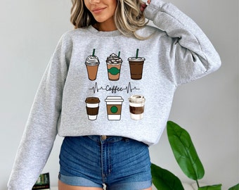 Coffee Heartbeat Sweatshirt | Coffee Lover Gift for Her | Coffee Mom Crewneck | Caffeine Lover Sweater | Iced Coffee Sweatshirt Women