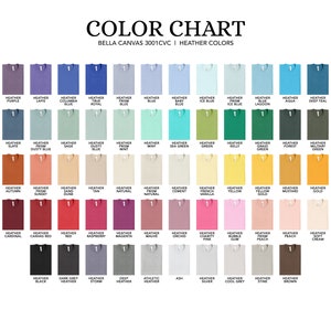 Peut inclure: Nuancier de couleurs montrant les couleurs chin&eacute;es Bella Canvas 3001 CVC. Le nuancier comprend 50 couleurs diff&eacute;rentes, dont le violet, le bleu, le vert, le jaune, le rouge et le gris.