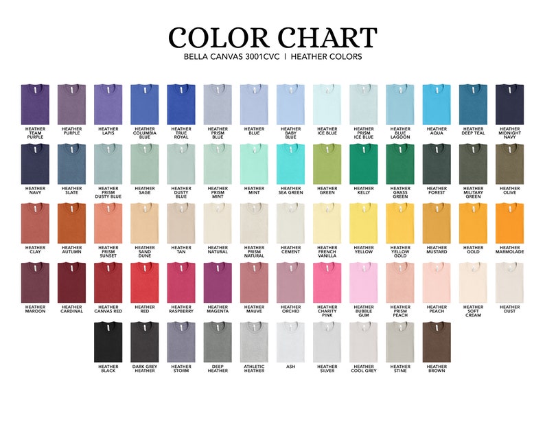 Peut inclure: Nuancier de couleurs montrant les couleurs chin&eacute;es Bella Canvas 3001 CVC. Le nuancier comprend 50 couleurs diff&eacute;rentes, dont le violet, le bleu, le vert, le jaune, le rouge et le gris.