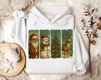 Christmas Hoodie - Retro Santa Snowman Reindeer Hoodie - Vintage Christmas Sweatshirt - Cute Christmas Hoodie - Christmas Gift