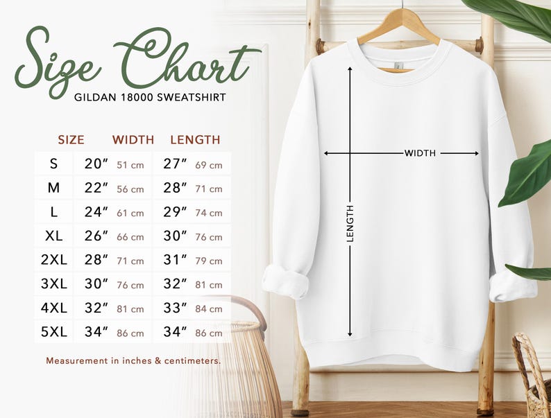 May include: Size chart for a Gildan 18000 sweatshirt, showing measurements in inches and centimetres for sizes S to 5XL. The chart shows width and length measurements for each size.