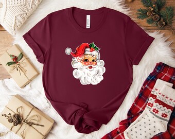 Santa Face Shirt | Vintage Santa Christmas Tshirt | Family Christmas Matching Shirts | Retro Xmas Tee for Women | Christmas Gift for Mom