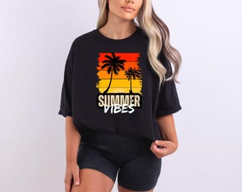 Camiseta con estampado veraniego, camiseta retro con palmeras, camiseta con estampado de atardecer en la playa, top veraniego vintage, camiseta de vacaciones para mujer, camiseta con estampado playero, camiseta tropical