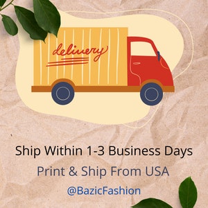May include: Illustration of a red and yellow delivery truck with the word "delivery" in cursive. The background is a textured tan color with green leaves in the corners. The image includes the text "@BazicFashion".