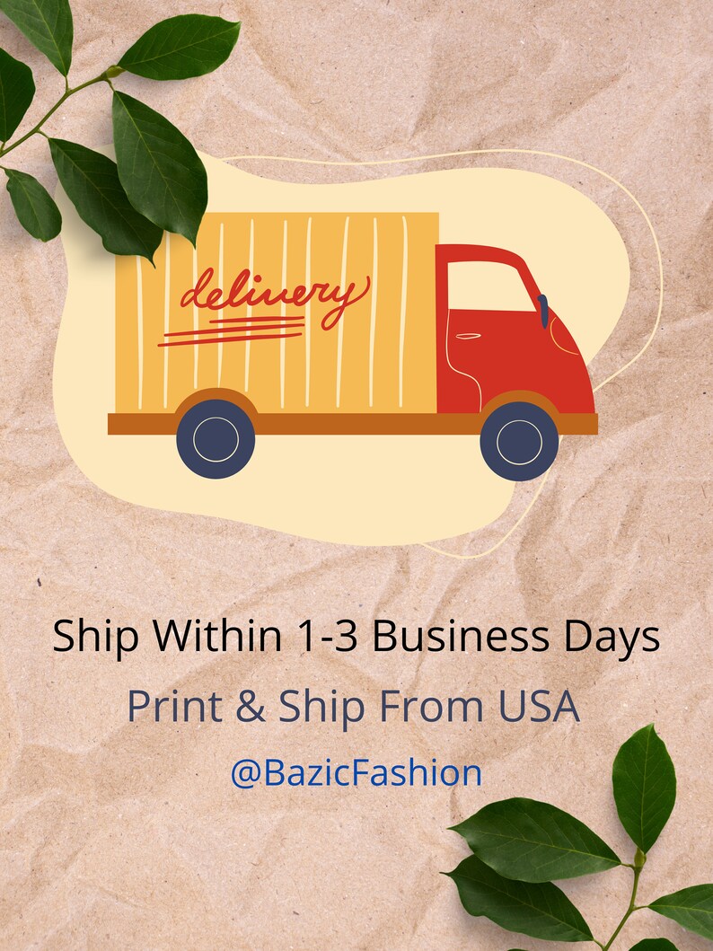 Puede incluir: Un cami&oacute;n de reparto rojo y amarillo con la palabra "delivery" escrita en el lateral. El cami&oacute;n est&aacute; sobre un fondo marr&oacute;n con hojas verdes. El texto "Ship Within 1-3 Business Days Print & Ship From USA @BazicFashion" est&aacute; debajo del cami&oacute;n.