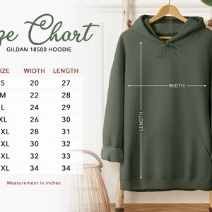 May include: Size chart for a Gildan 18500 hoodie, showing measurements in inches for width and length for sizes S through 5XL.