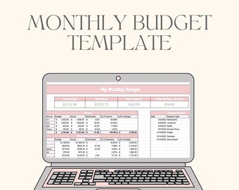 Könnte beinhalten: Ein Laptop-Bildschirm zeigt eine monatliche Haushaltsbudget-Tabelle mit Kategorien für Einnahmen, Ausgaben und Ersparnisse. Die Tabelle enthält Spalten für Budget, Tatsächlich, Über-/Unterschreitung, % des Einkommens und Restbudget. Die Tabelle enthält auch einen Abschnitt für die Ausgabenverfolgung mit Spalten für Datum, Ausgabenart und Tatsächlich.