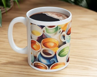 Puede incluir: Taza de cerámica blanca con una ilustración colorida de tazas de té y platillos apilados. Las tazas son de color amarillo, naranja, verde, azul y marrón.