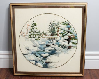 Vintage Winter Crewel Stickerei Szene Wandkunst
