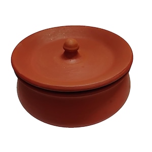 May include: A terracotta clay pot with a matching lid. The pot is round with a slightly flared rim, and the lid has a small knob for easy handling. The colour is a warm reddish-brown, typical of fired clay. Suitable for cooking and serving.