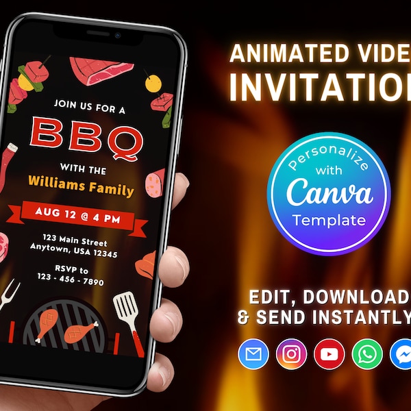 Digital BBQ Video Invitation, Editable Video Invitation Canva Template, Animated Flaming Barbeque Evite, Instant Download