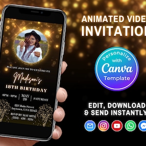 Digital Gold Glitter Birthday Party Video Invitation, Editable Video Invitation Canva Template, Animated Video Phone Evite, Instant Download