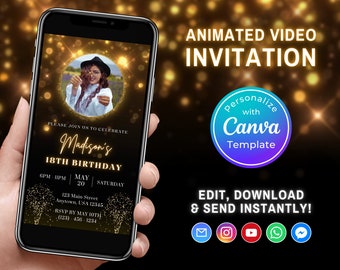 Digitale Gold Glitter Geburtstagsfeier Videoeinladung, bearbeitbare Videoeinladung Canva Vorlage, animiertes Videotelefon Evite, Sofort Download
