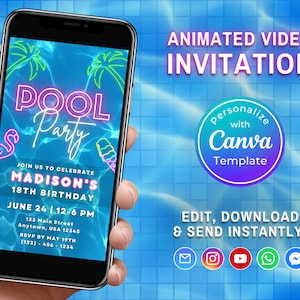 Digital Summer Pool Party Video Invitation, Editable Video Invitation Canva Template, Animated Swimming Evite, Instant Download