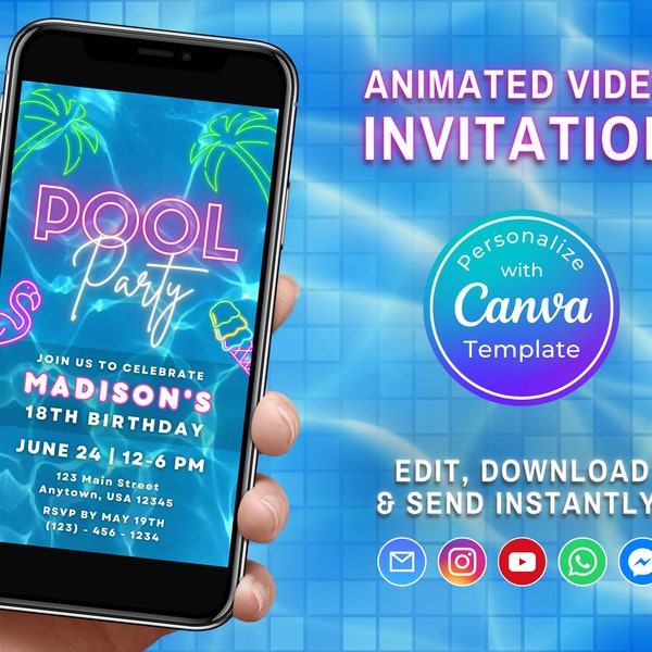 Digital Summer Pool Party Video Invitation, Editable Video Invitation Canva Template, Animated Swimming Evite, Instant Download