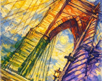 Noche estrellada en el puente de Brooklyn, Nueva York, impresión digital, fotografía artística, decoración minimalista para pared, caprichosa, colorida, descarga instantánea.