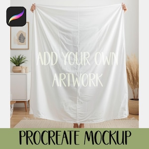 May include: A white fabric with the text "ADD YOUR OWN ARTWORK" displayed prominently. The Procreate Mockup image includes the Procreate app logo. The fabric is held up, suggesting a textile product or design template.