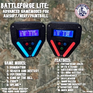Pode incluir: Dois dispositivos pretos Battleforge Lite para modos de jogo airsoft, Nerf e paintball. Cada dispositivo tem um ecrã, botões e uma barra de luz em forma de V em azul e vermelho. O texto inclui modos de jogo e recursos.