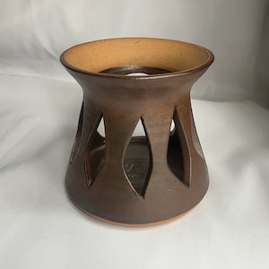 Vintage Handmade Ceramic Candle Holder Lantern Vase Decorative Cut Outs Brown Pottery 4”