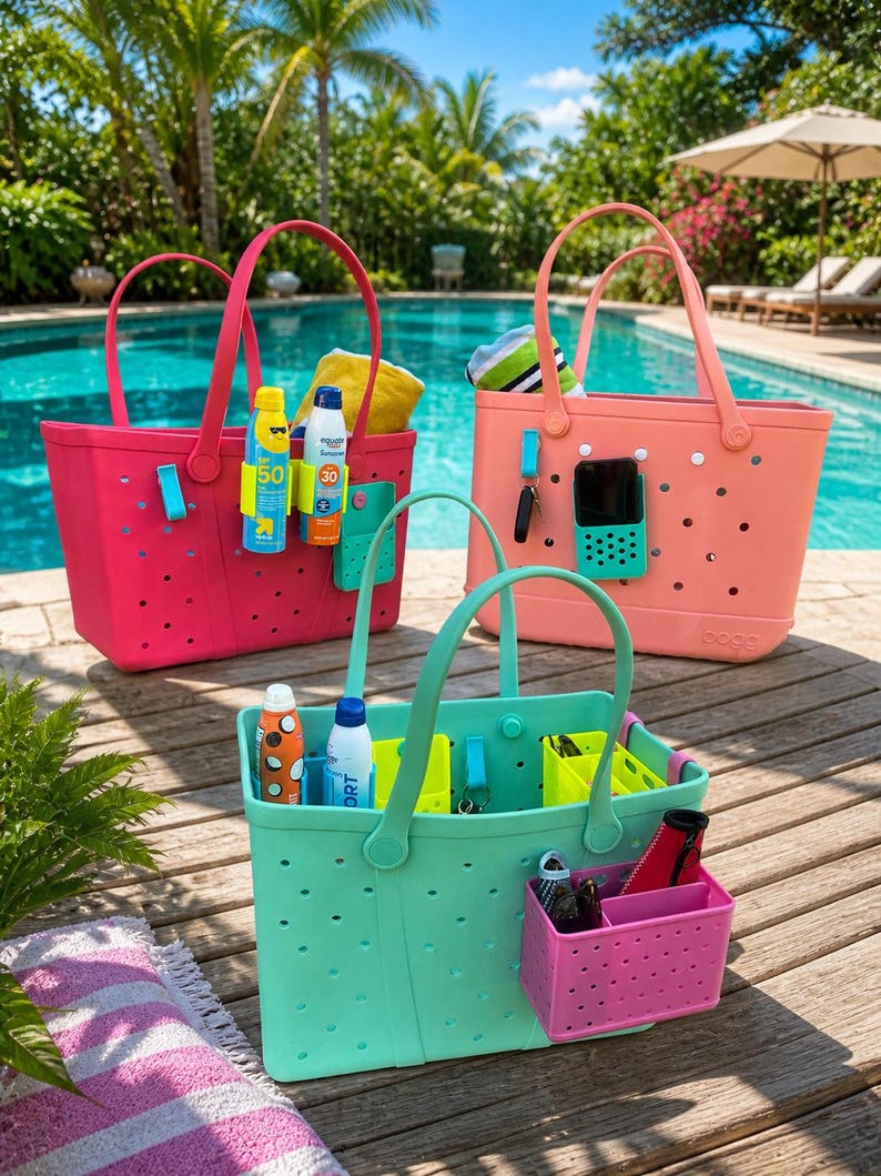 May include: Three colorful tote bags in pink, coral, and mint green sit on a wooden deck near a pool. Each bag has a matching handle and a variety of accessories, including sunscreen, keys, and a phone. The bags are designed for beach or pool use.