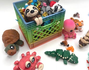 Milk Crate of Mini Animals | Collectible Milk Crate with Pocket Pals | 3D Printed Tiny Animal Figurines, Fidget Toys, Pocket Pets