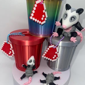 3D Printed Opossum Mama Figurine with Babies & Trash Can House - Christmas Stocking Stuffer