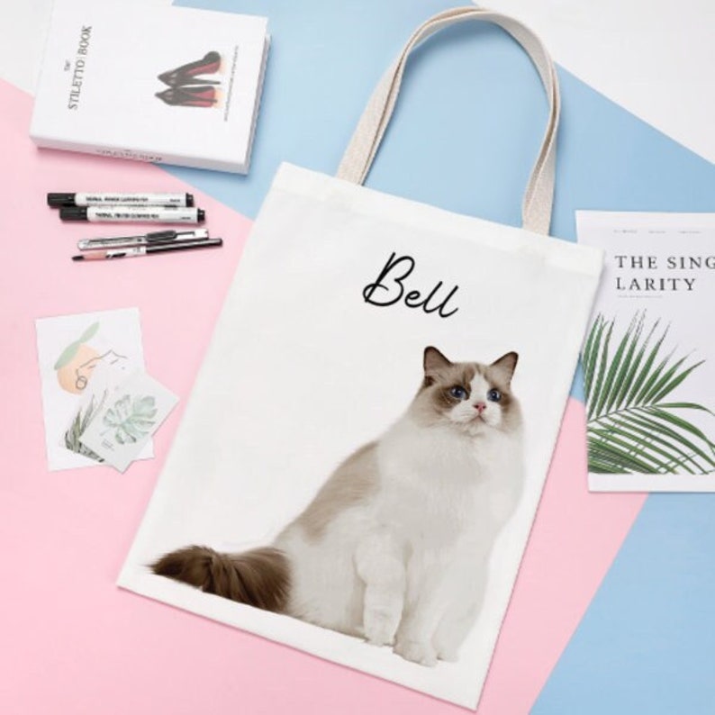 Custom Cat Portraits Using Cat Photo Tote Bag, Personalized Cat Name