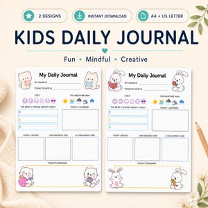 Könnte beinhalten: Zwei druckbare Tagebuchseiten mit dem Titel My Daily Journal, die Abschnitte für Name, Datum, Gefühle, Wetter, drei beste Dinge, Gelerntes, Dankbarkeit, Herausforderungen und einen Zeichenbereich enthalten. Verziert mit Cartoon-Katzen und Hasen.