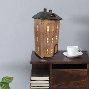 Ceramic Victorian house in beige color, Tea light holder