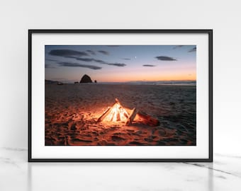 Cannon Beach Art Print - Campfire Wall Art Print, Oregon Coast Wall Decor, Oregon Beach Wall Art