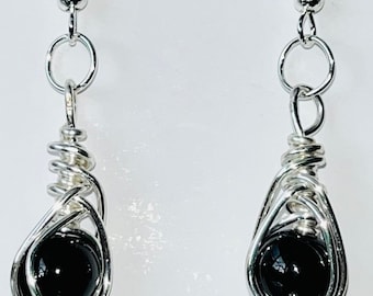 Black Onyx Wire Wrap Bead Earrings Handmade Jewellery