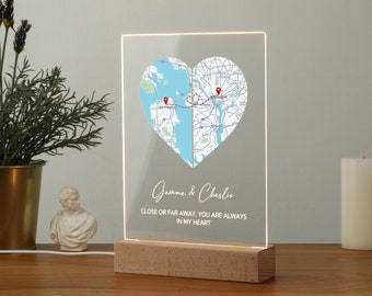 Personalized Heart Map Print Plaque With Light Stand | Valentine Gift For Couples | Long Distance Relationship Gift | Anniversary Gift