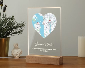 Personalized Heart Map Print Plaque With Light Stand | Valentine Gift For Couples | Long Distance Relationship Gift | Anniversary Gift