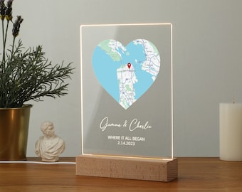 Personalized Map Heart Print Plaque With Light Stand | Custom Map Print Night Light | First Date Gift For Her | Valentine Gift For Couples