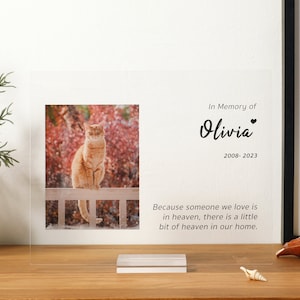 May include: A clear acrylic memorial plaque with a photo of a ginger cat sitting on a white fence. The text reads "In Memory of Olivia 2008-2023" and "Because someone we love is in heaven, there is a little bit of heaven in our home."