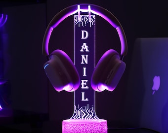 Personligt akryl LED-headsetstativ, RGB-hörlurshållare för spelbord, present till pojkvän eller tonårsspelare