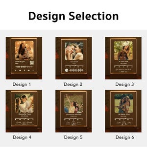 Puede incluir: Seis dise&ntilde;os diferentes para una luz nocturna de fotos personalizada. Cada dise&ntilde;o presenta una foto de pareja con una letra de canci&oacute;n y un c&oacute;digo Spotify. Los dise&ntilde;os est&aacute;n etiquetados como Dise&ntilde;o 1 a Dise&ntilde;o 6.