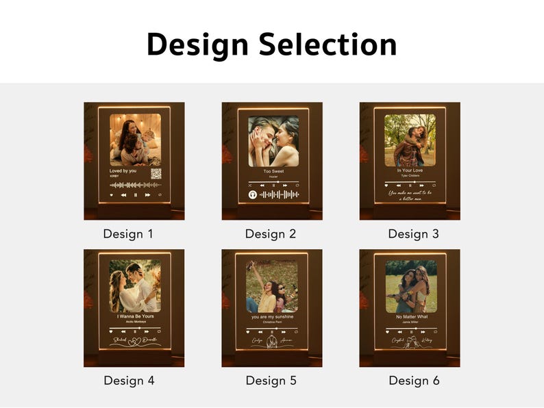 Puede incluir: Seis dise&ntilde;os diferentes para una luz nocturna de fotos personalizada. Cada dise&ntilde;o presenta una foto de pareja con una letra de canci&oacute;n y un c&oacute;digo Spotify. Los dise&ntilde;os est&aacute;n etiquetados como Dise&ntilde;o 1 a Dise&ntilde;o 6.