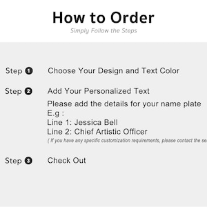 May include: White background with the text "How to Order" and "Simply Follow the Steps." Instructions include choosing a design and color, adding personalized text, and checking out. Example text: Jessica Bell, Chief Artistic Officer.