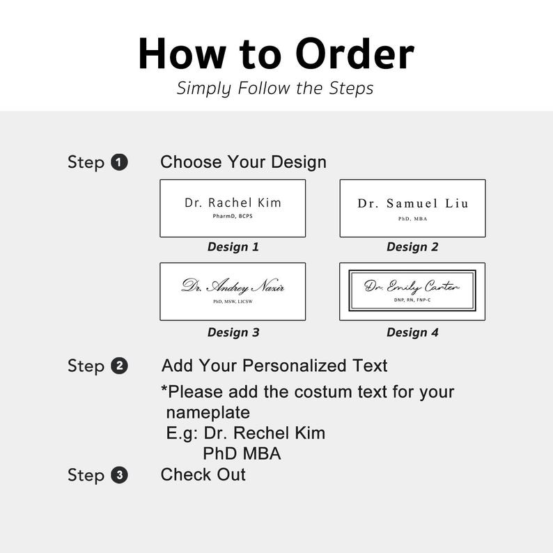 May include: A graphic with instructions on how to order a custom nameplate. The steps include choosing a design, adding personalized text, and checking out. Examples of designs and text are provided.