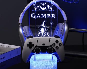 Soporte LED personalizado para mando y auriculares, expositor de auriculares a medida, organizador de escritorio para gamers, regalo único para novio o gamer adolescente.