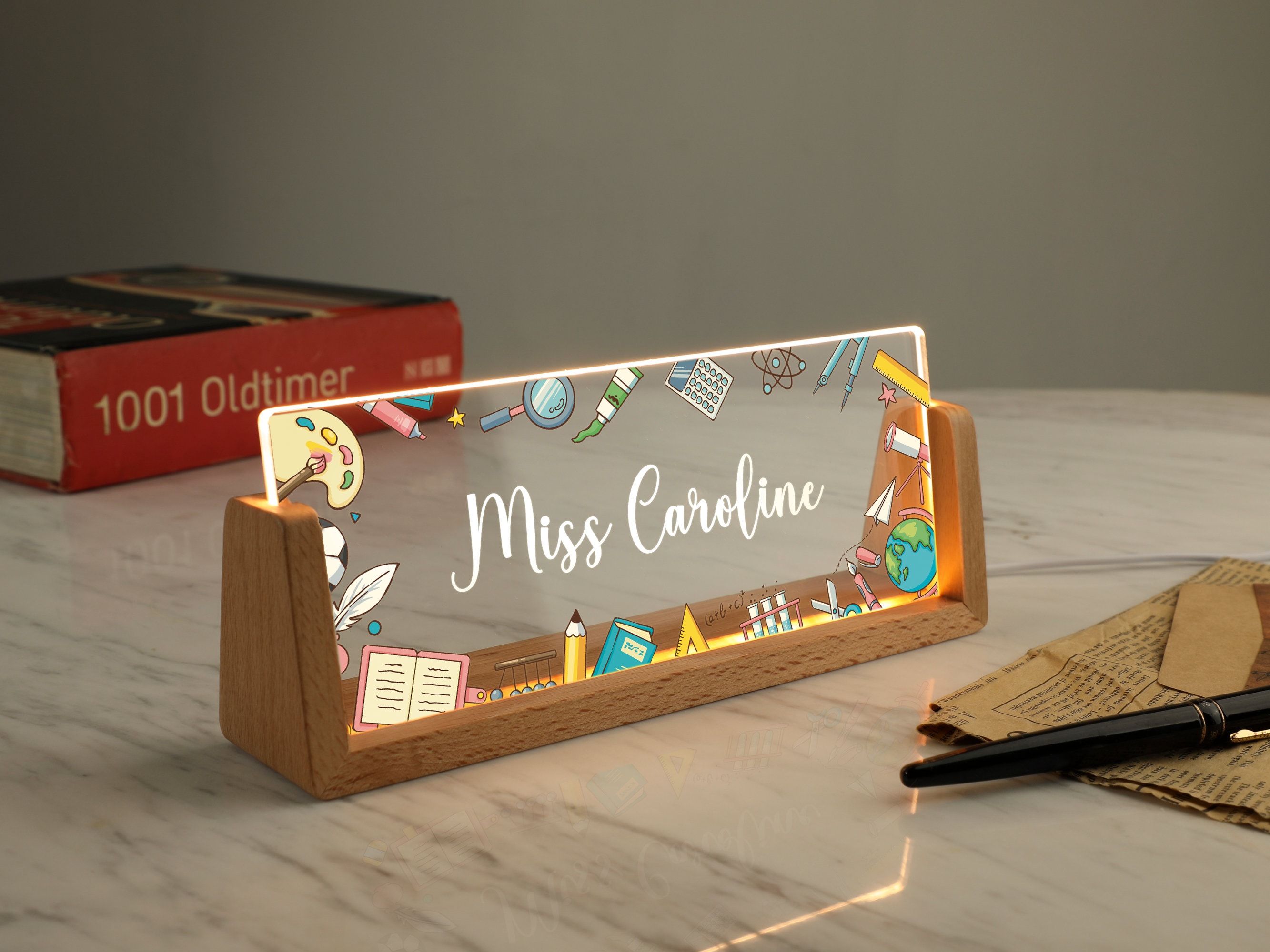 Personalized Name Desk Plate for Teacher | Custom Name Sign for Desk | Lighted Acrylic Nameplate | Teacher Appreciation Gift | Office Decor