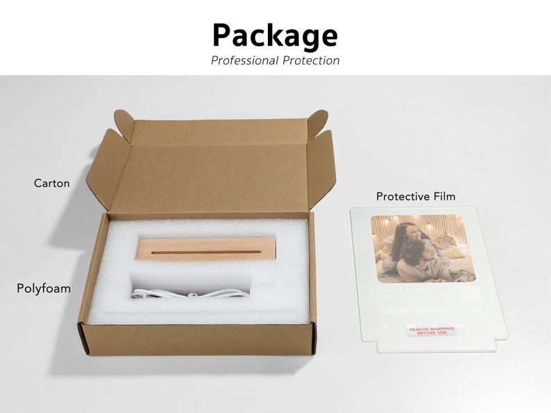Puede incluir: Una caja de cart&oacute;n marr&oacute;n con un interior de espuma blanca. La caja contiene una base de madera, un cable blanco y una pel&iacute;cula protectora. La pel&iacute;cula protectora es transparente y tiene una imagen de una familia. El texto en la pel&iacute;cula protectora dice "Retire el envoltorio antes de usar".