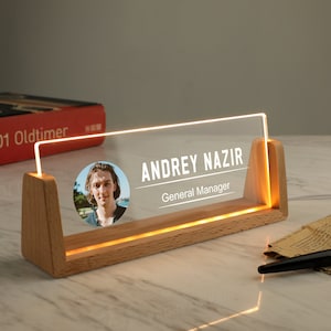 Personalized Name Plate with Wooden Base | Lighted Acrylic Nameplate | Name Sign for Desk | Office Gifts for Boss Coworkers | New Job Gifts