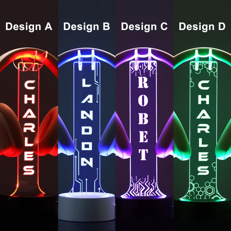 Puede incluir: Cuatro luces nocturnas LED iluminadas con nombres personalizados. Cada dise&ntilde;o presenta un color diferente: rojo, azul, morado y verde. Los nombres "Charles", "Landon", "Robert" y "Charles" se muestran verticalmente. Las bases son blancas o negras.