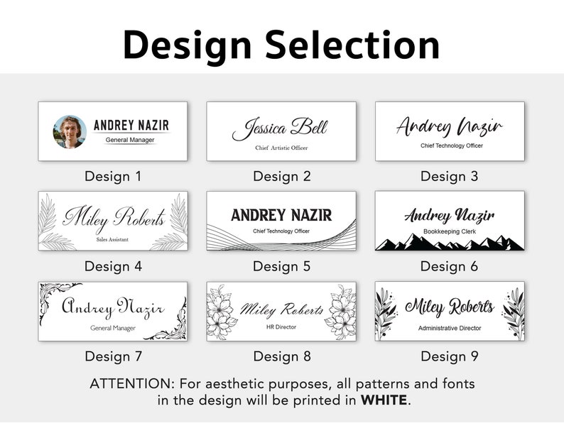 May include: Nine different name tag designs with various fonts and patterns. The text in the designs is in white. The designs are numbered 1 through 9.